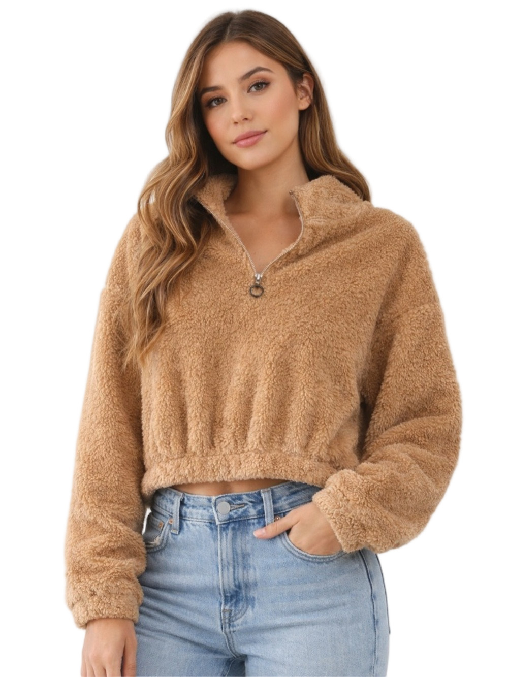 SO light brown cropped Teddy pullover sweater